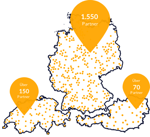 Karte DACH-Raum mit Partnerstandorten